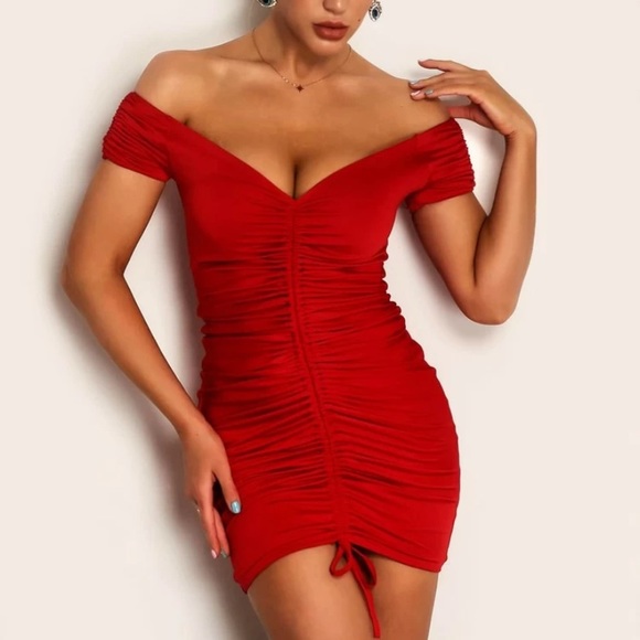 Off Shoulder Drawstring Ruched Satin Bodycon Dress - Picture 3 of 5